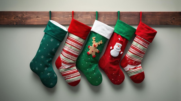 christmas socks hanging on a wooden shelf with a snowman on the bottom