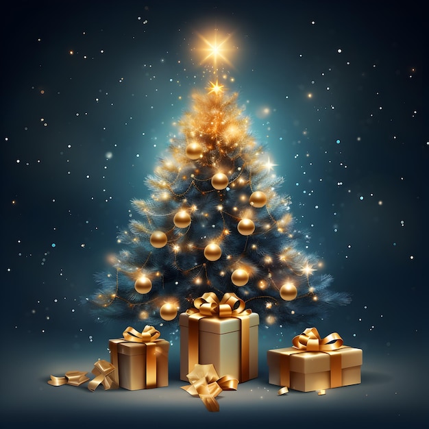 Christmas sparkling bright tree with gift box AI Generated