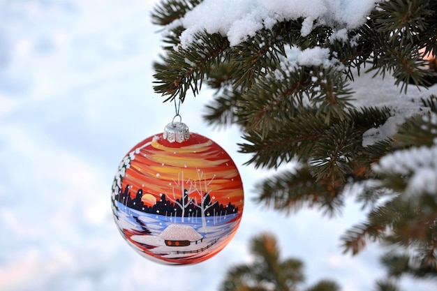 christmas sphere hanging on fir branch with snow in the forest, close-up