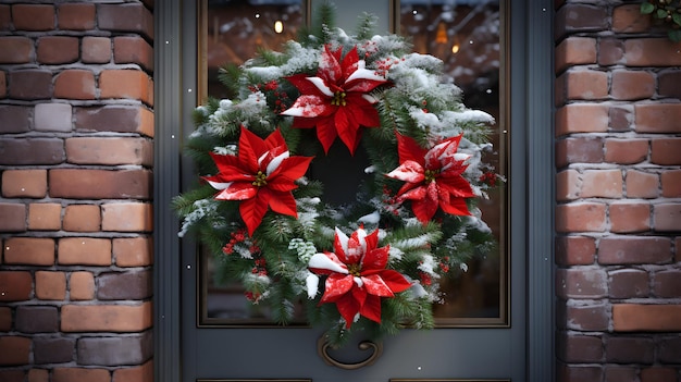 Christmas spruce and poinsettia wreath on the door AI generated image