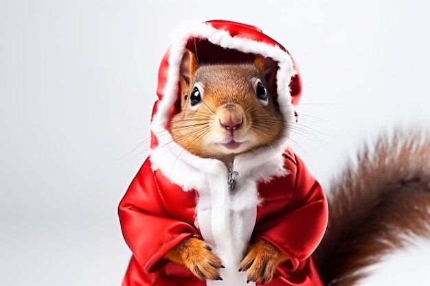 Christmas squirrel in a New Year's costume on a white isolated background AI generated