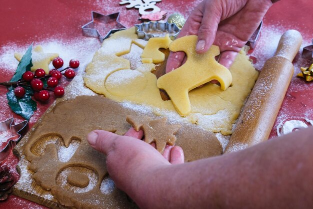 Christmas still life close up. Gingerbread cookies on a red background.Selective focus.