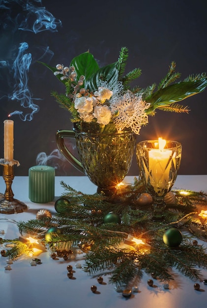 Christmas still life with branch of fir candles and lights