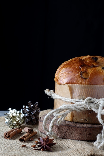 Christmas still life with panettone and decorations