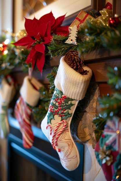 Christmas Stocking Filled with Candy Canes and Gifts Hanging on Festive Decorated Mantel