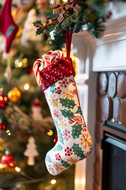 Christmas Stocking Filled with Candy Canes and Gifts Hanging on Festive Decorated Mantel