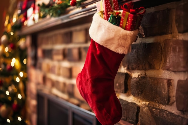 Photo christmas stocking filled with gifts hanging over a fireplace