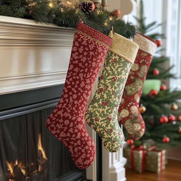 Photo a christmas stocking hanging from a fireplace with a christmas tree in the background