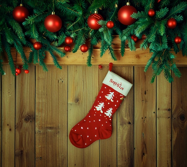 Photo a christmas stocking hanging on a wooden wall