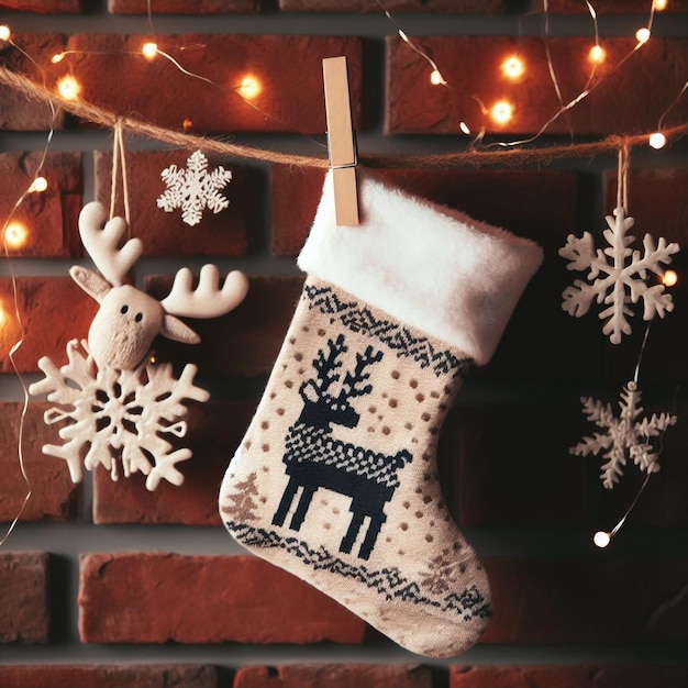 Christmas stocking photo in front of a brick wall