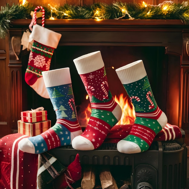 Photo christmas stockings are on a fireplace with a fire burning