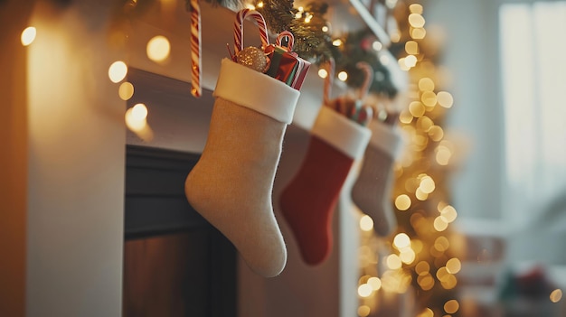 Photo christmas stockings are hanging from the fireplace mantel