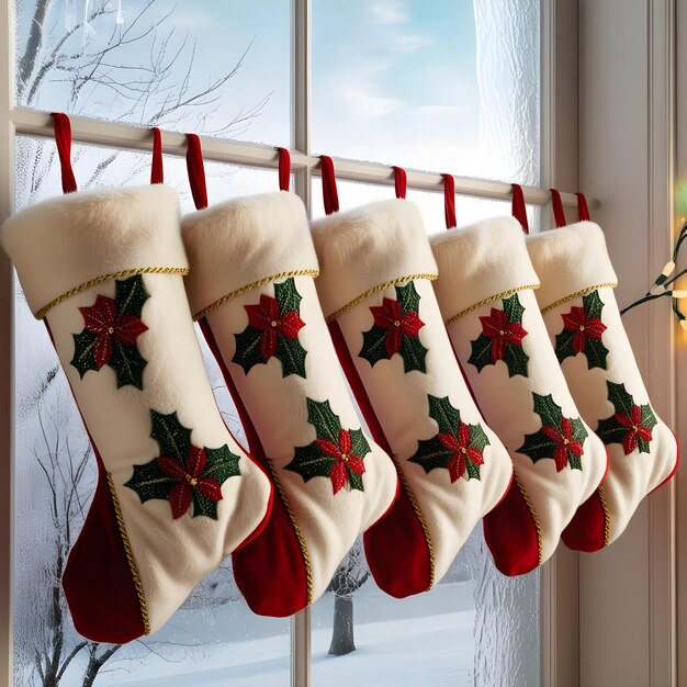 Photo christmas stockings by frosty window