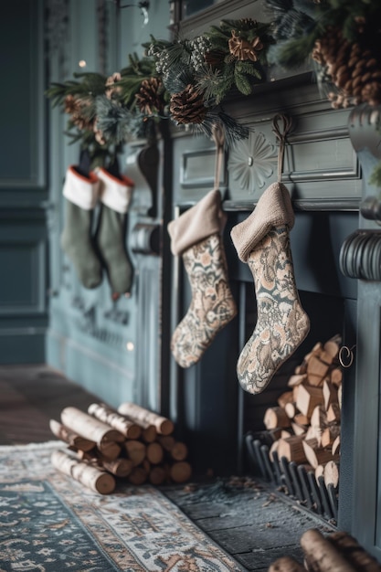 Photo christmas stockings on fireplace mantel