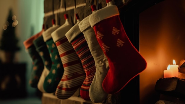 Christmas stockings hanging on a christmas tree in front of a fireplacegenerative ai