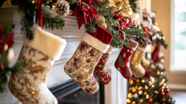 Photo christmas stockings hanging on a fireplace mantel