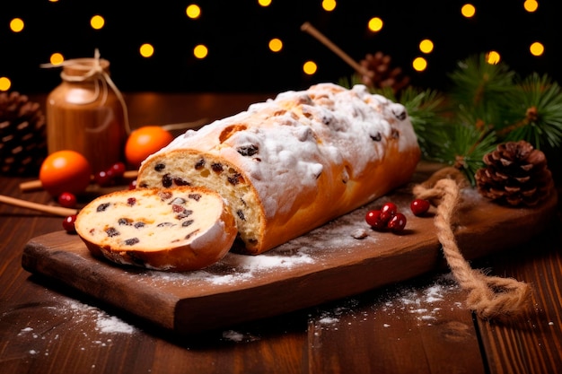 Christmas stollen Traditional German Christmas dessert on wooden background