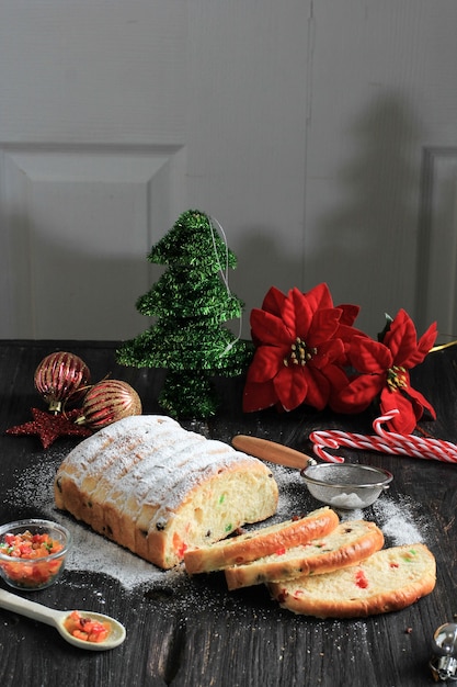 Christmas Stollen. Traditional Sweet Fruit Loaf German Bread,