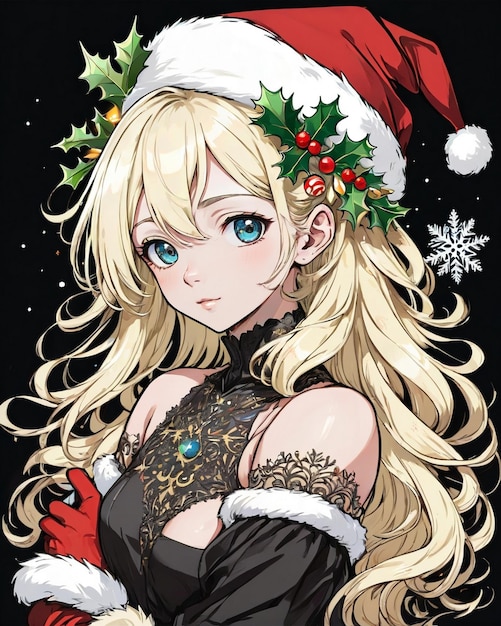 Christmas Style portrait of anime girl black background vanilla style