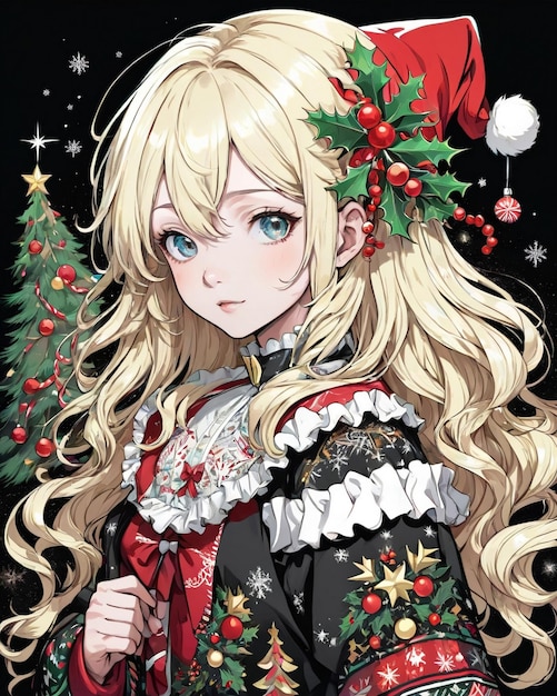 Christmas Style portrait of anime girl black background vanilla style