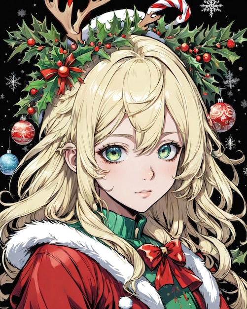 Christmas Style portrait of anime girl black background vanilla style