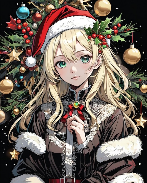 Christmas Style portrait of anime girl black background vanilla style