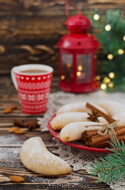 Christmas sugar cookies Crescent sprinkled with powdered sugar. Selective focus