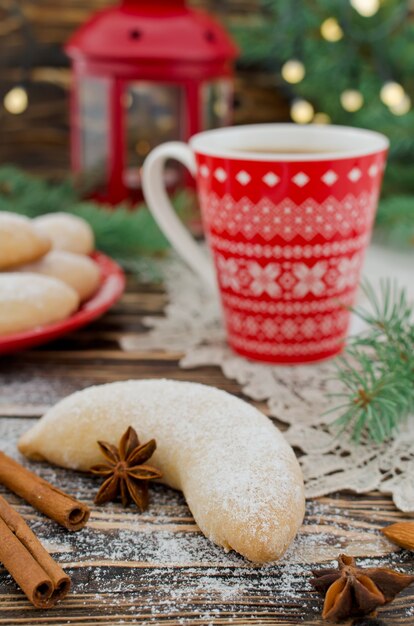 Christmas sugar cookies Crescent sprinkled with powdered sugar. Selective focus