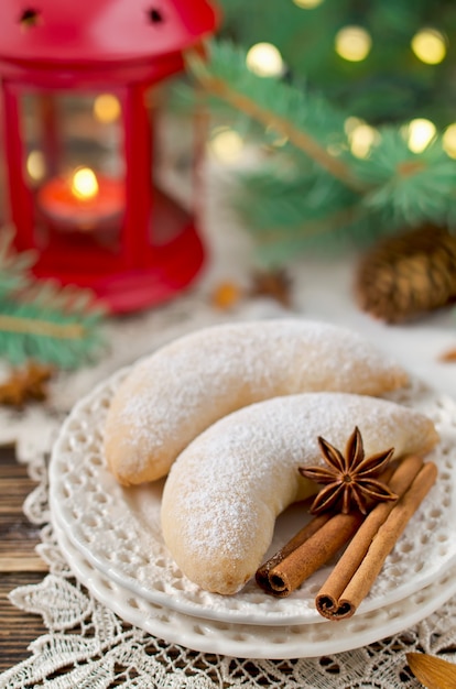 Christmas sugar cookies Crescent sprinkled with powdered sugar. Selective focus