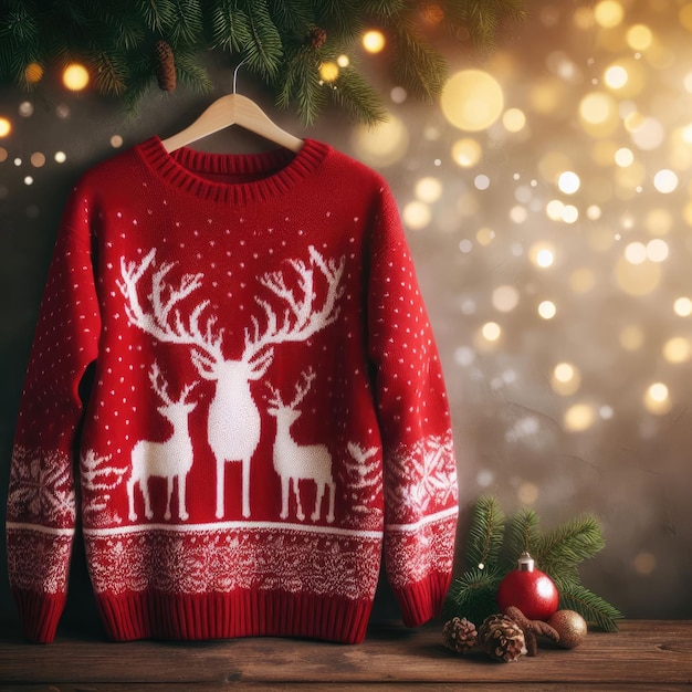 Christmas sweater with deer and candles christmas decoration background