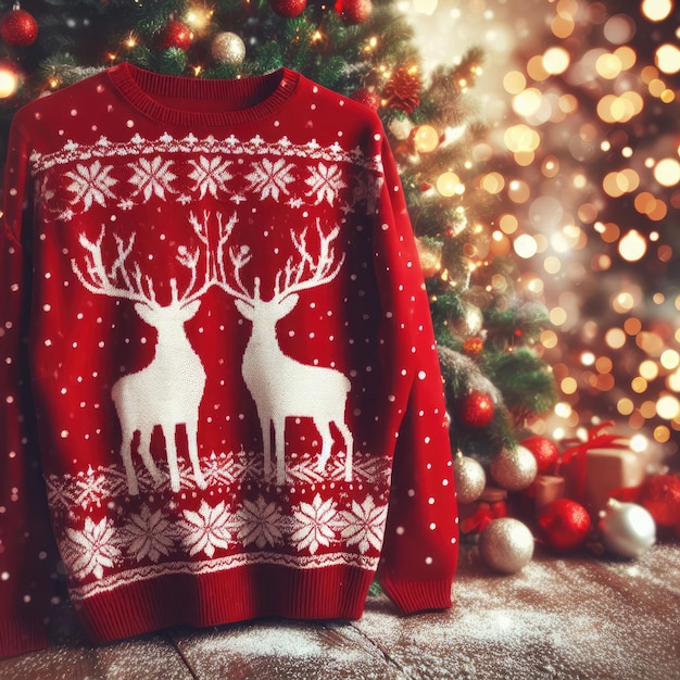 Christmas sweater with deer and candles christmas decoration background