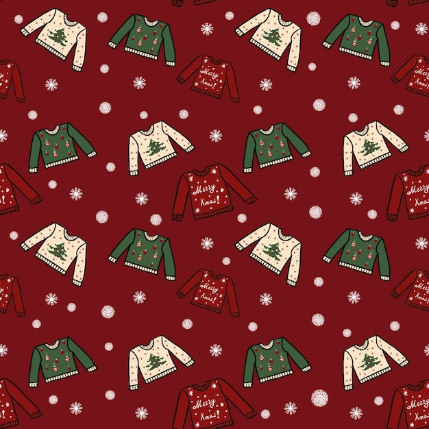 Christmas sweaters seamless pattern on red background