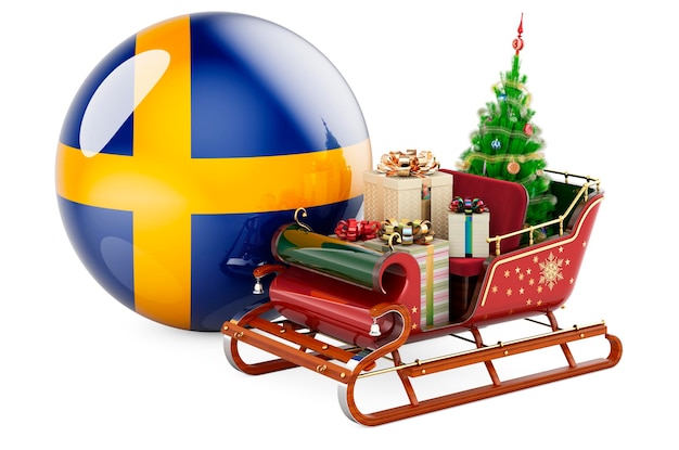 Christmas in Sweden concept Christmas Santa sleigh full of gifts with Swedish flag 3D rendering