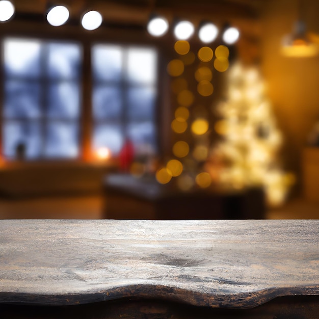 Christmas table blurred lights background, wood desk in focus, Xmas wooden plank, blur home room