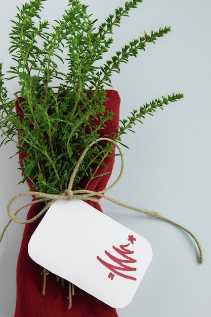 Christmas table decoration in minimal style, red napkin with healthy herbs and place card with christmass tree