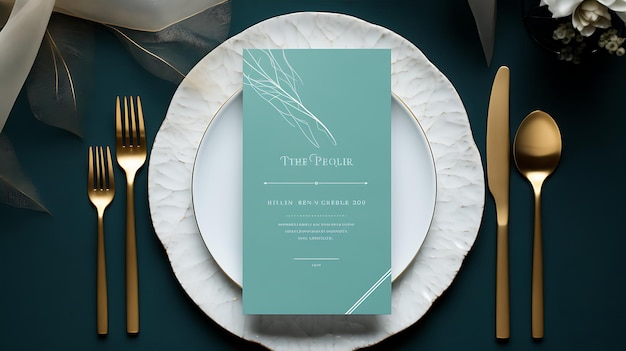 Photo christmas table menu mockup with white dishware silverware and decorations background top view