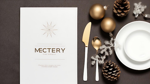 Photo christmas table menu mockup with white dishware silverware and decorations background top view