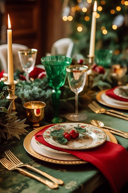 Christmas table scape elegant formal dinner table setting tablescape with holiday decoration for party event celebration generative ai