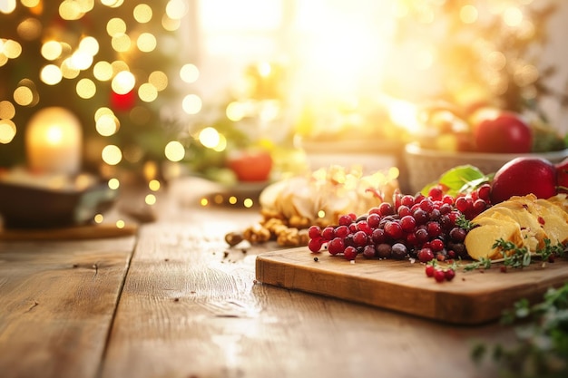 Christmas Table Setting with Cranberries Bread and Festive Lights