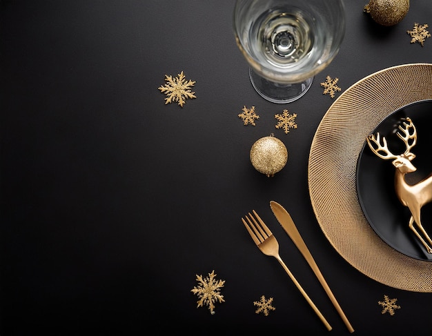 Photo christmas table setting with decorations champagne and gifts on grunge background