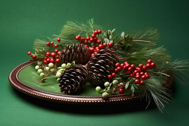 Christmas table setting with pine cones berries and holly on green background