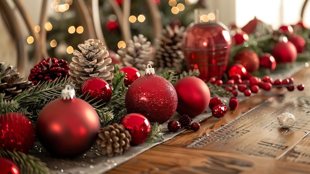 A Christmas table setting with red ornaments pine cones and greenery