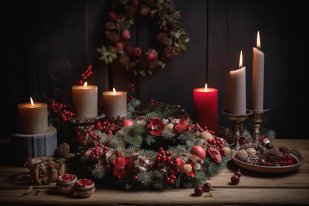 A christmas table with candles and a wreath with red berries