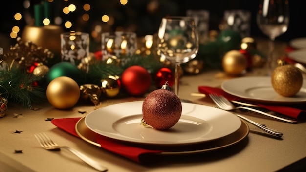 A Christmas table with a invitation card set on the table