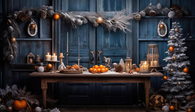 a christmas table with lights and decorations in the style of colorful woodcarvings