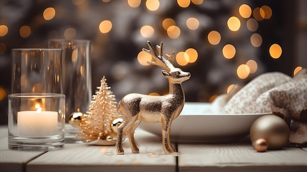 Christmas Table With Toy Deer And Gold Decoration