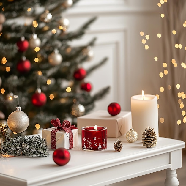 Photo a christmas table with a white table and a christmas tree and candles