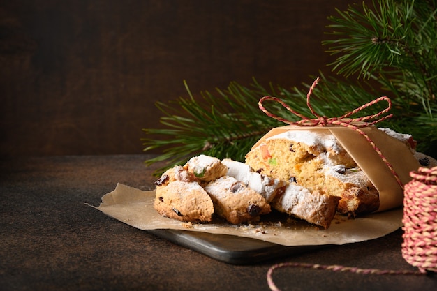 Christmas tasty stollen on brown table