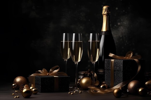 Christmas theme Glasses of champagne Gift boxes and Christmas tree on background with bokeh