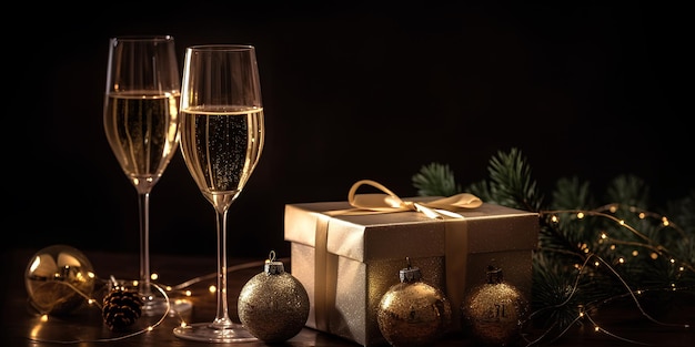 Christmas theme Glasses of champagne Gift boxes and Christmas tree on background with bokeh